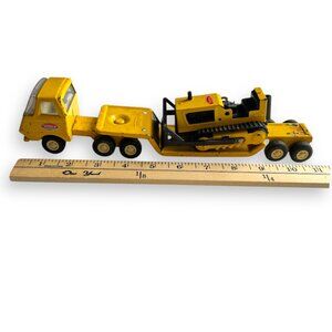 Vintage 1970s Mini Tonka Pressed Steel Lowboy Tractor Trailer Semi Truck W/Dozer